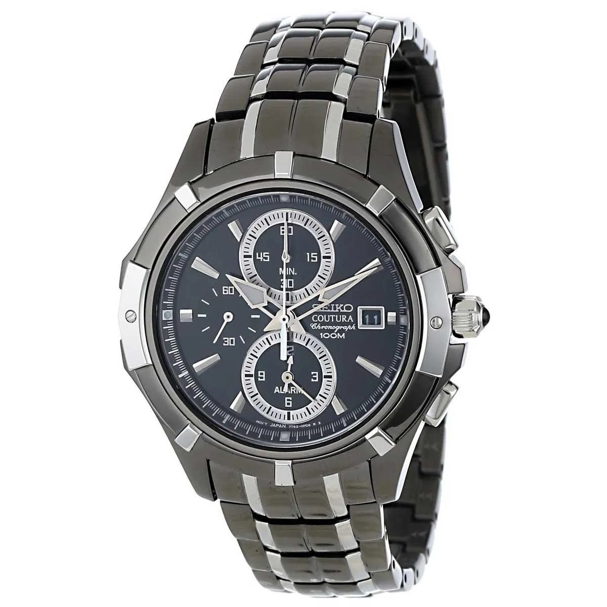 Seiko SNAE57 Men's Coutura Black Dial Two Tone Black Steel Chronograph Alarm Watch