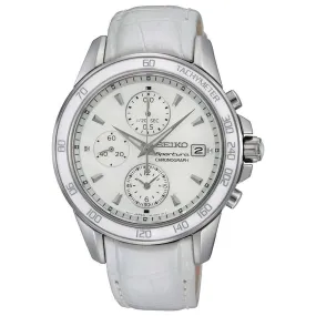 Seiko SNDX99P1 Women's Sportura White MOP Dial White Leather Strap Chronograph Watch