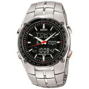 Seiko SNJ005 Men's Sportura GMT Ana-Digi Black Dial Steel Bracelet Chronograph Alarm Watch