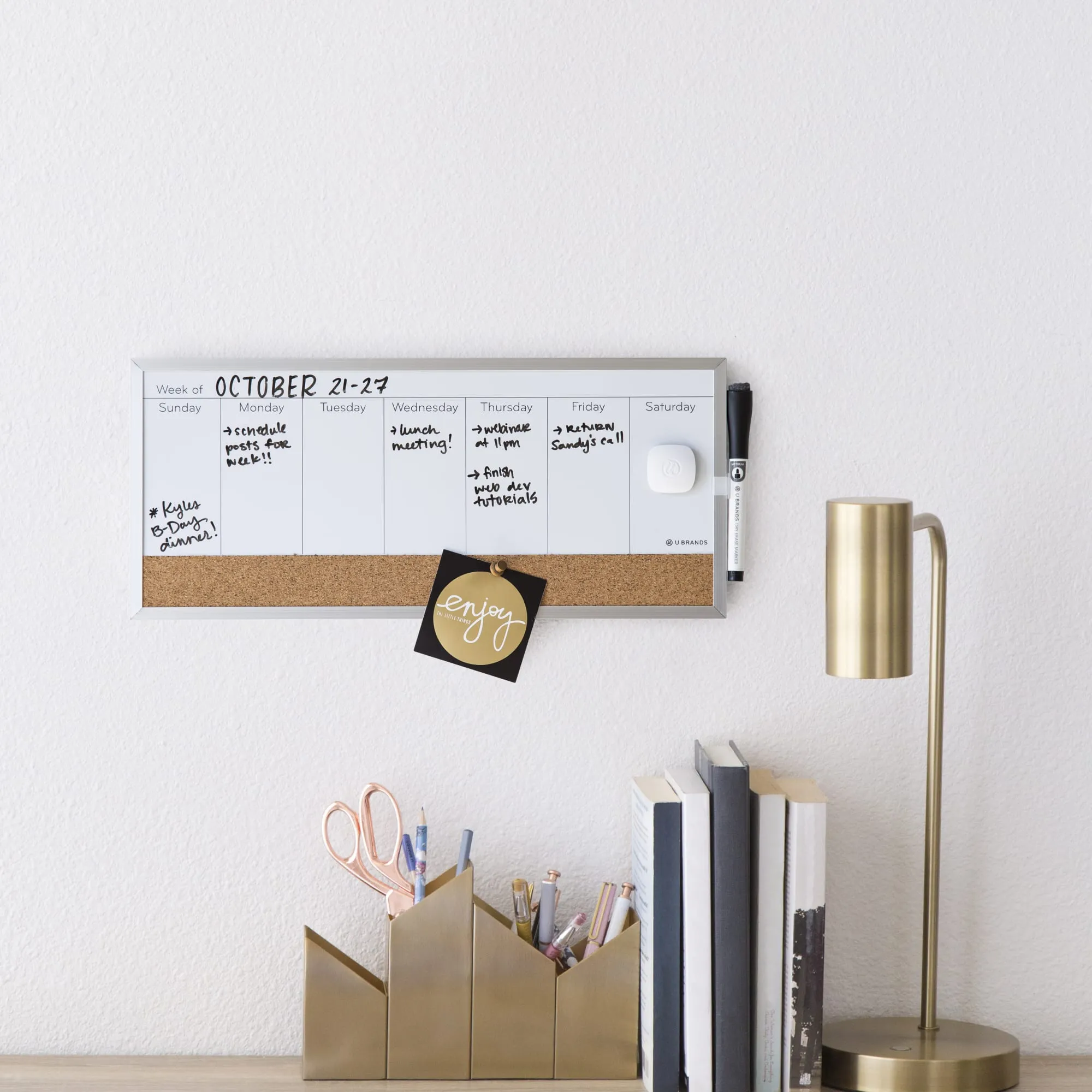 Silver Metal Frame Dry Erase Weekly Calendar   Cork Strip