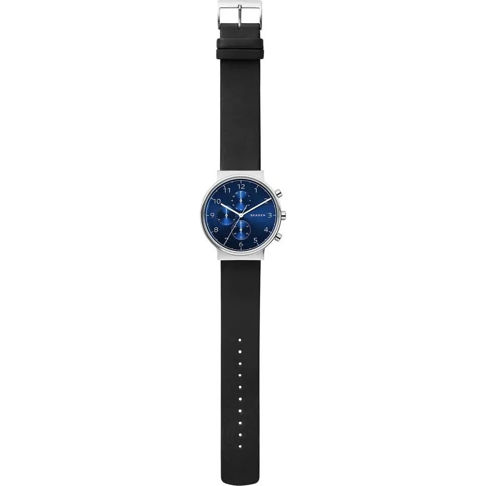 Skagen SKW6417 Men's Chronograph Multifunction Black Leather Blue Dial Watch - Stylish and Functional Timepiece