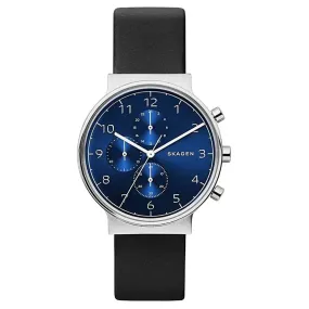 Skagen SKW6417 Men's Chronograph Multifunction Black Leather Blue Dial Watch - Stylish and Functional Timepiece
