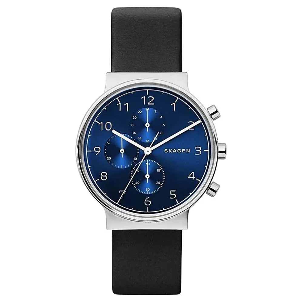 Skagen SKW6417 Men's Chronograph Multifunction Black Leather Blue Dial Watch - Stylish and Functional Timepiece