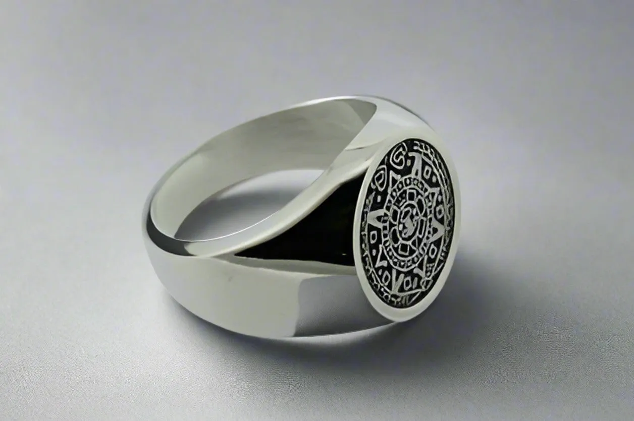 small Mayan calendar signet ring - sterling silver
