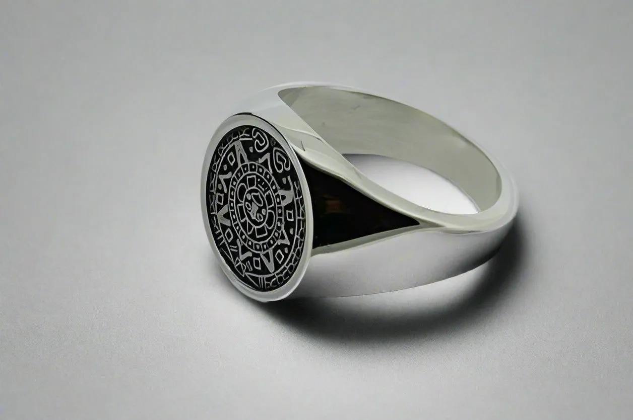 small Mayan calendar signet ring - sterling silver