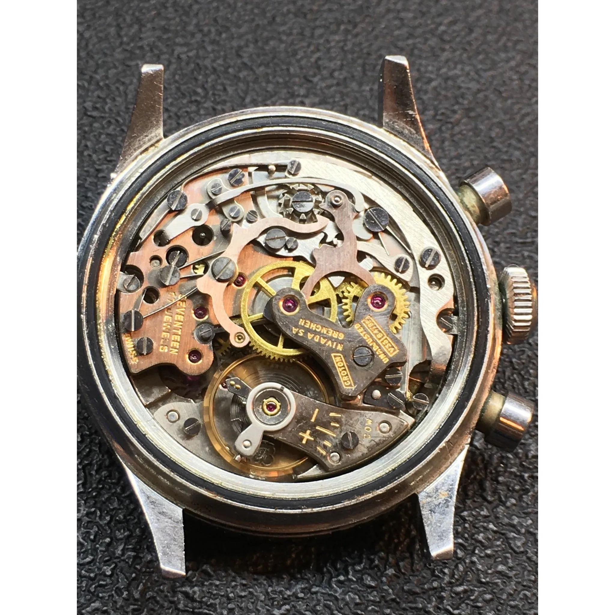 Sold - Croton Nivada Grenchen Aviator Sea Diver Vintage Chronograph Valjoux 92 Shock Resistant Black Dial