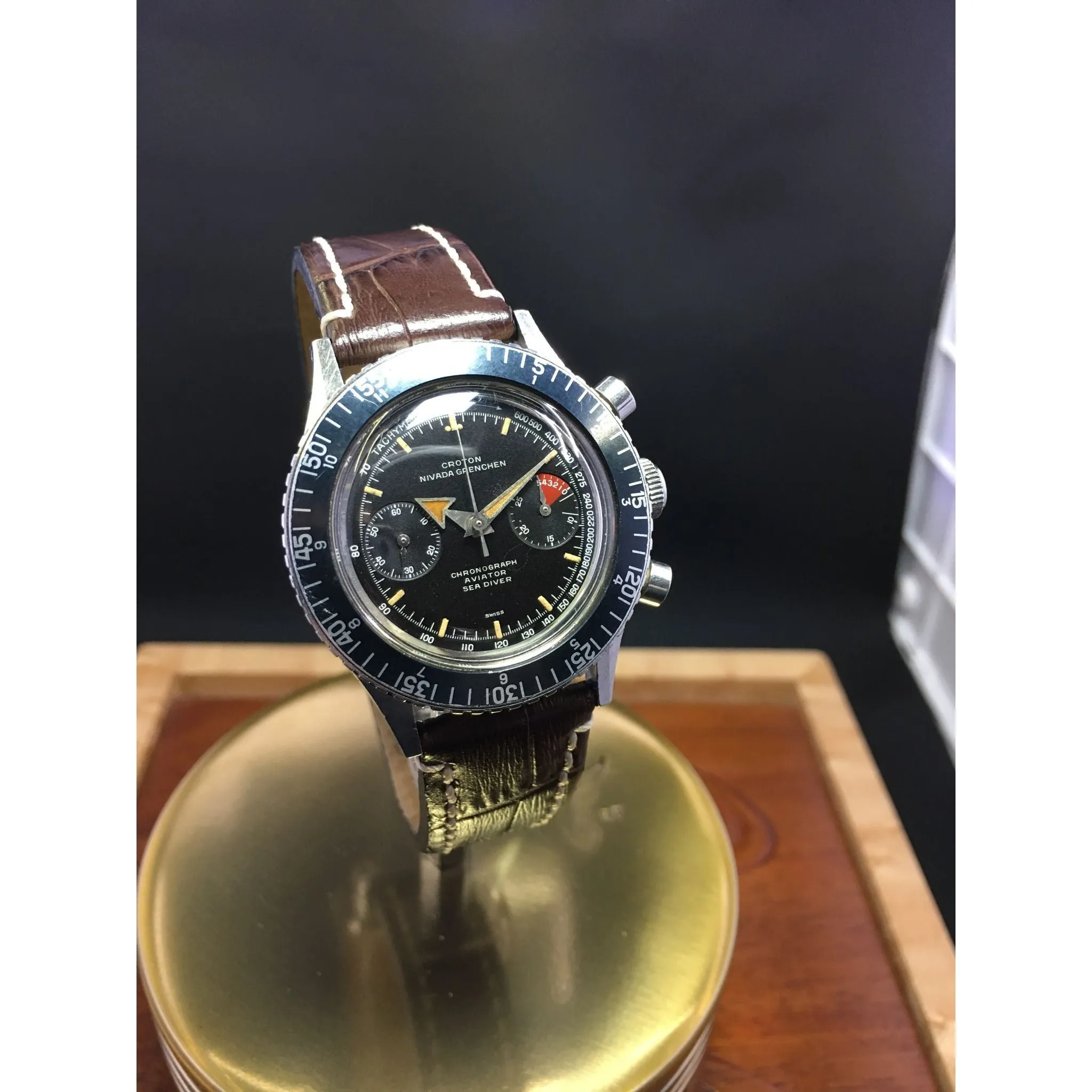 Sold - Croton Nivada Grenchen Aviator Sea Diver Vintage Chronograph Valjoux 92 Shock Resistant Black Dial