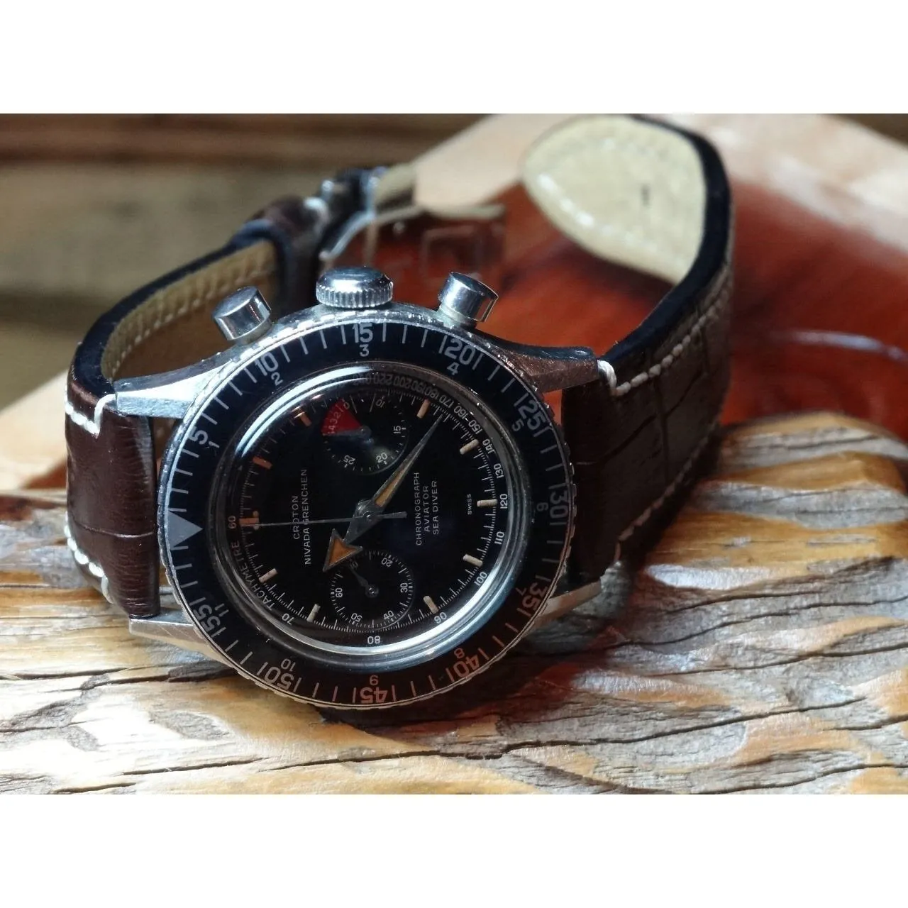 Sold - Croton Nivada Grenchen Aviator Sea Diver Vintage Chronograph Valjoux 92 Shock Resistant Black Dial