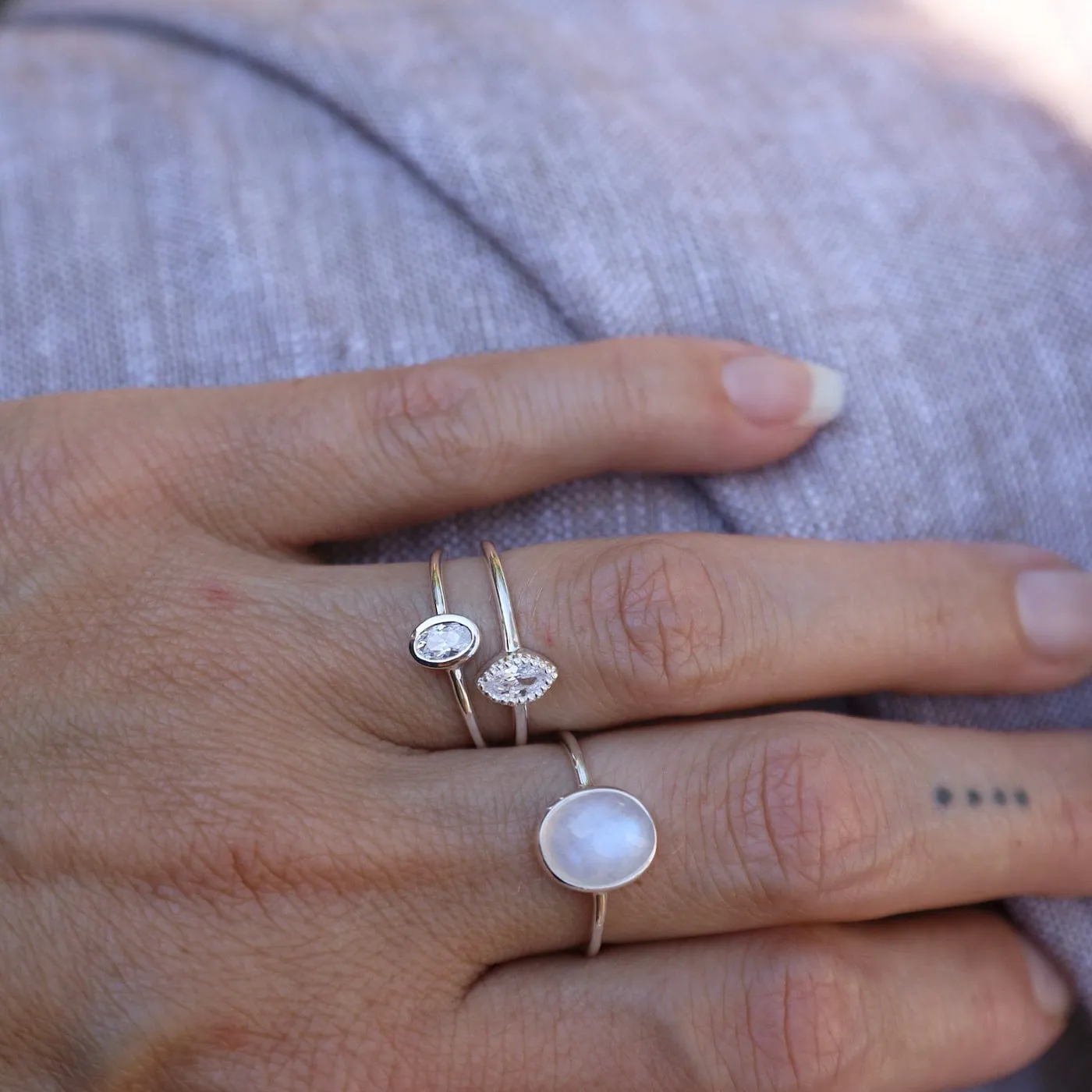 Sterling Silver Bezel Set Rainbow Moonstone Cabochon Ring