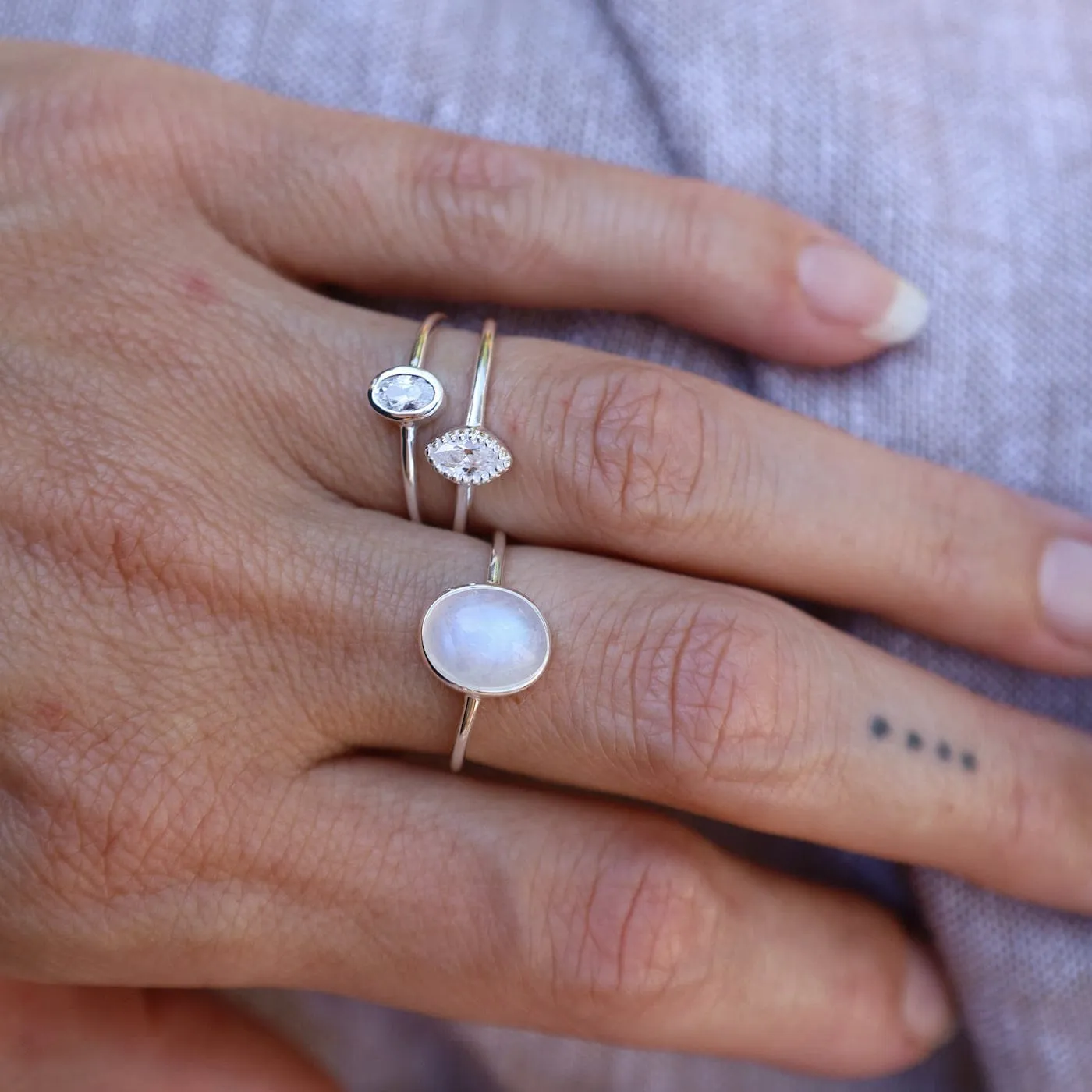 Sterling Silver Bezel Set Rainbow Moonstone Cabochon Ring