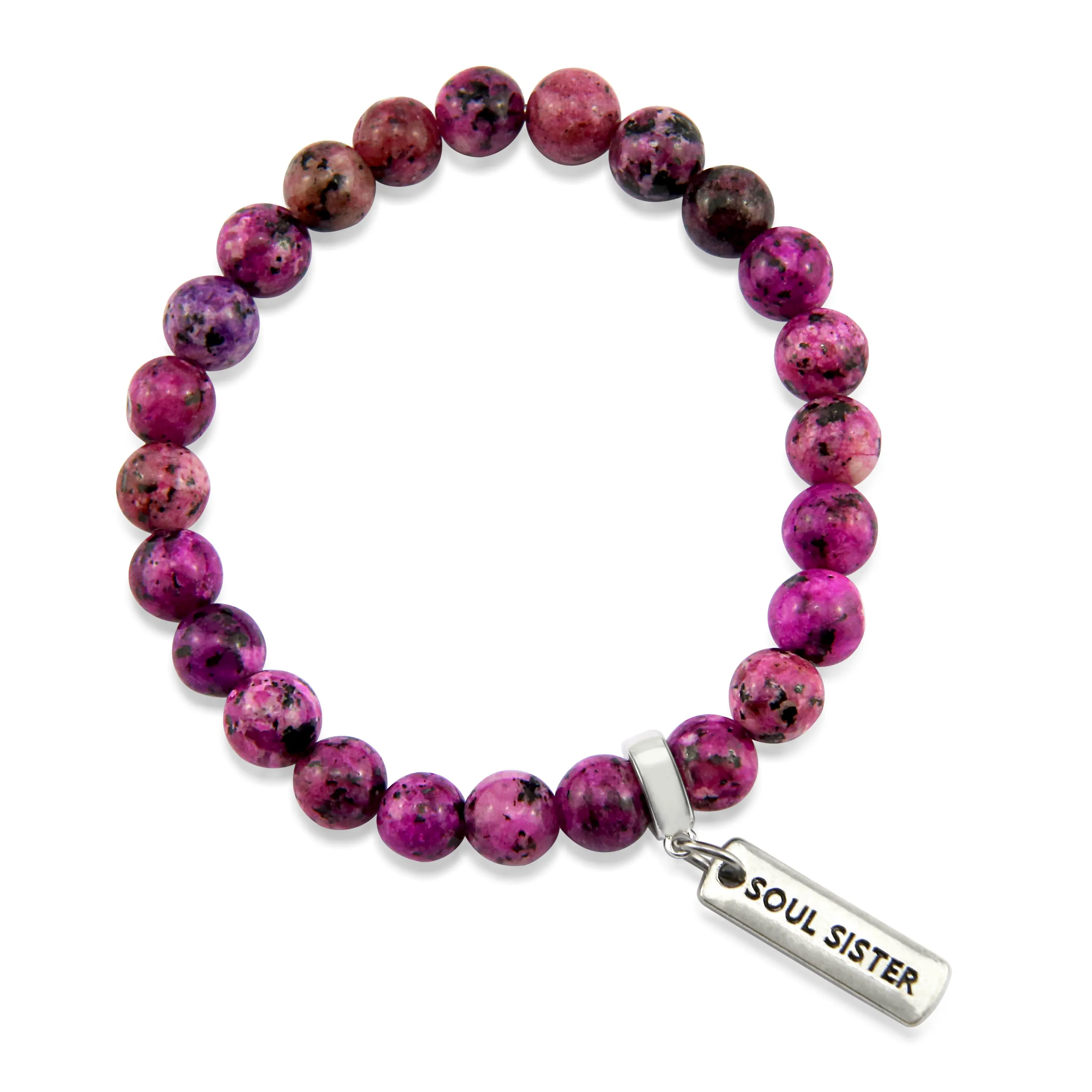 Stone Bracelet - Pink Raspberry Speckle 8mm Beads - with Silver Word Charm