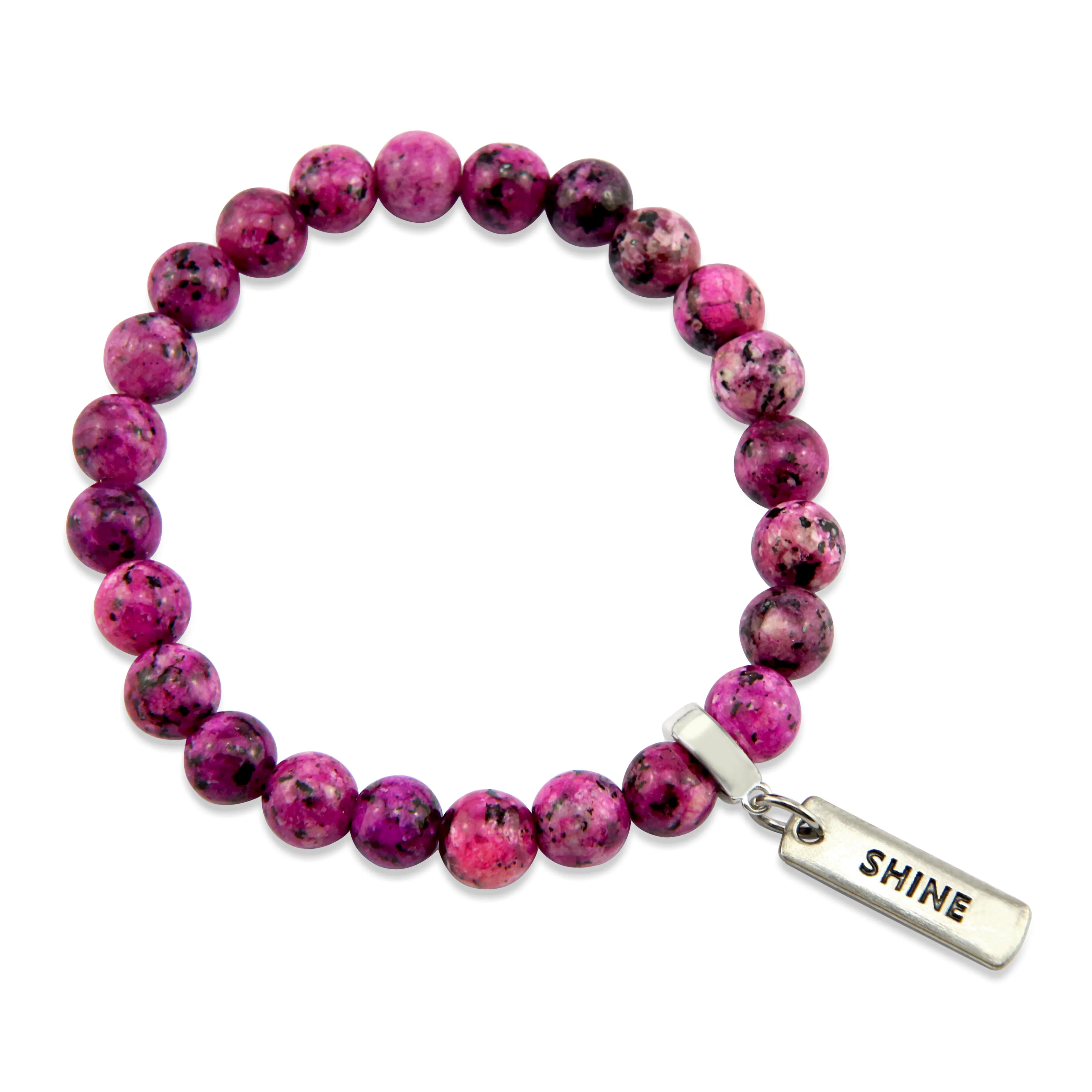 Stone Bracelet - Pink Raspberry Speckle 8mm Beads - with Silver Word Charm