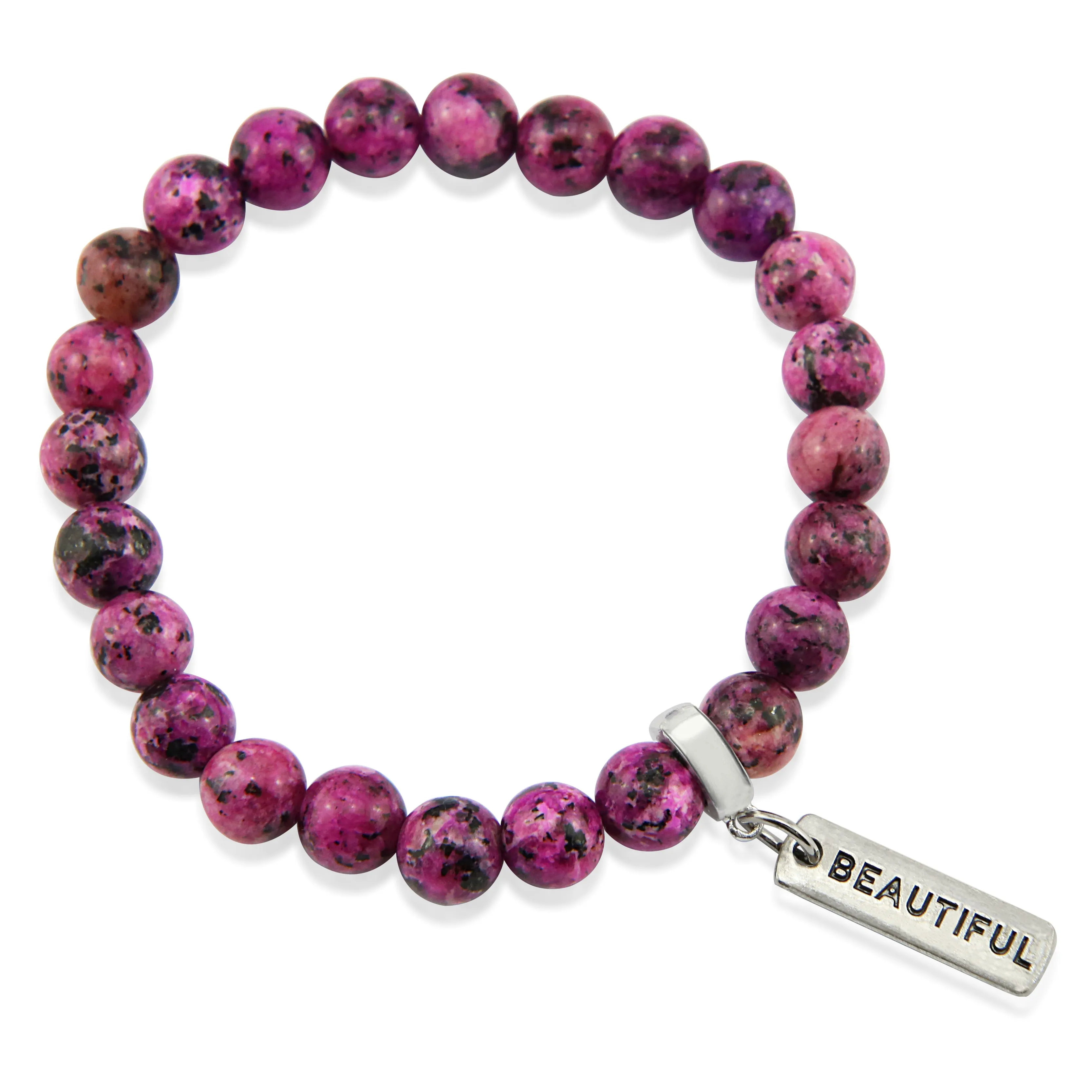Stone Bracelet - Pink Raspberry Speckle 8mm Beads - with Silver Word Charm