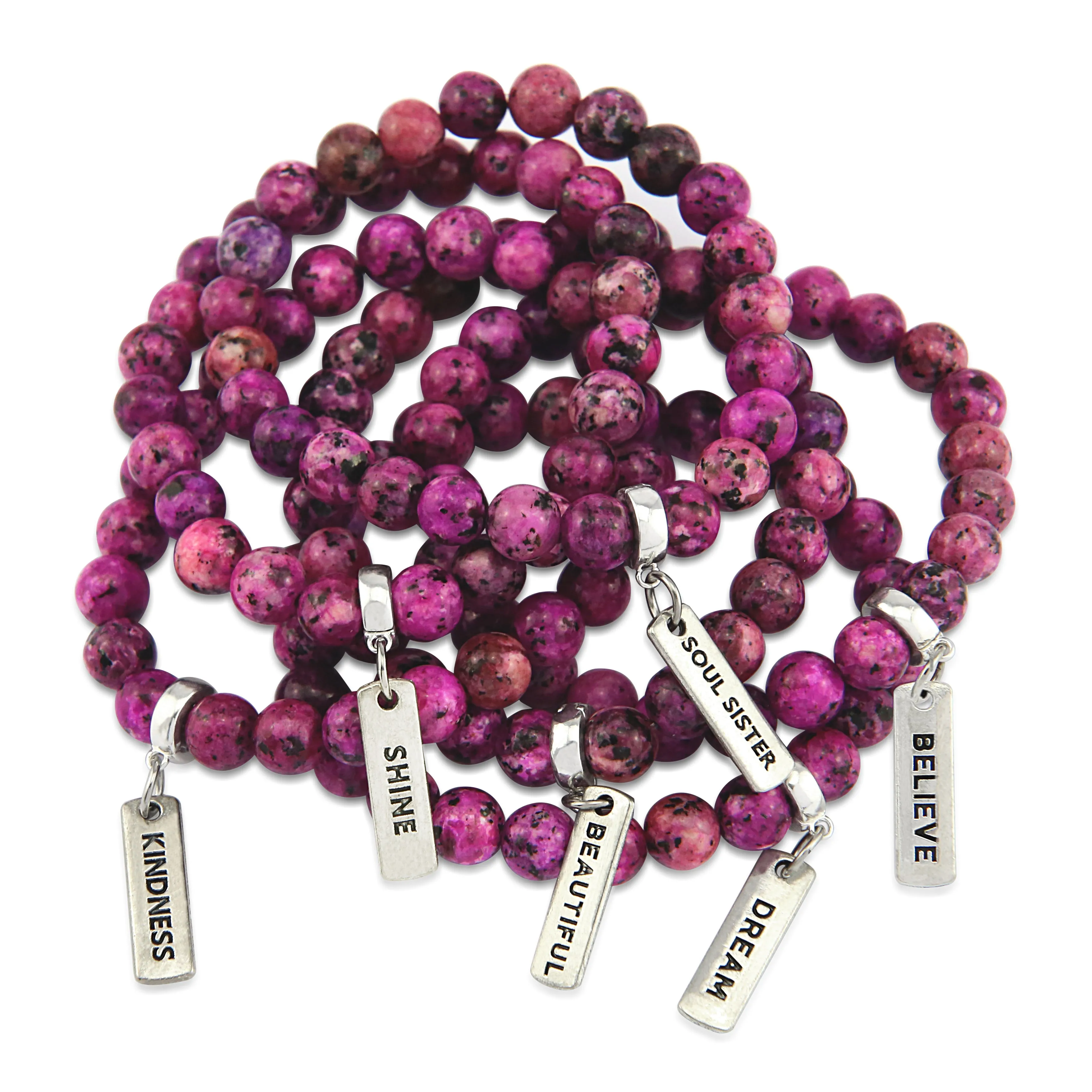 Stone Bracelet - Pink Raspberry Speckle 8mm Beads - with Silver Word Charm