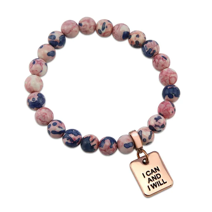 Stone Bracelet - Raspberry & Navy Patch Agate Stone 8mm Beads - with Rose Gold Word Charms