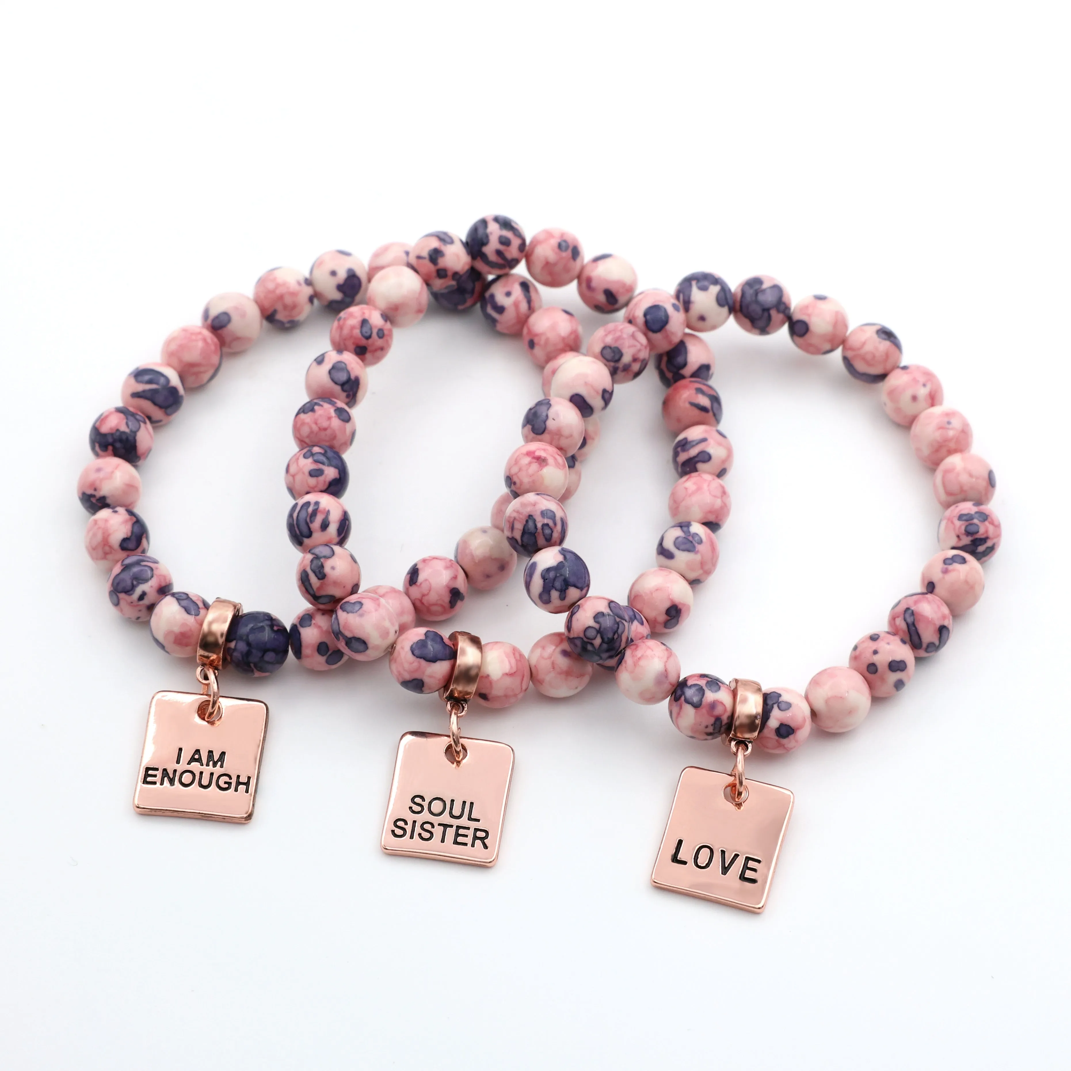Stone Bracelet - Raspberry & Navy Patch Agate Stone 8mm Beads - with Rose Gold Word Charms
