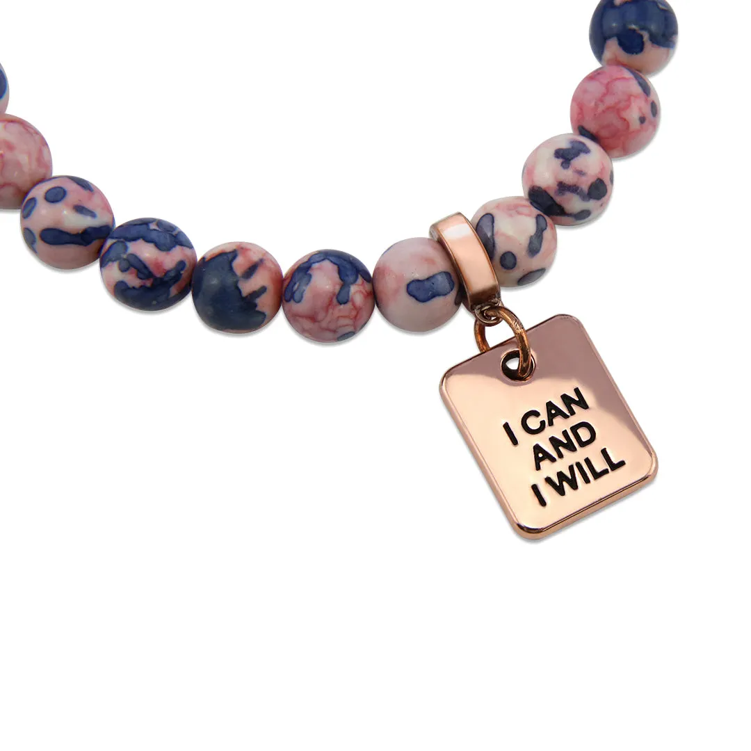 Stone Bracelet - Raspberry & Navy Patch Agate Stone 8mm Beads - with Rose Gold Word Charms