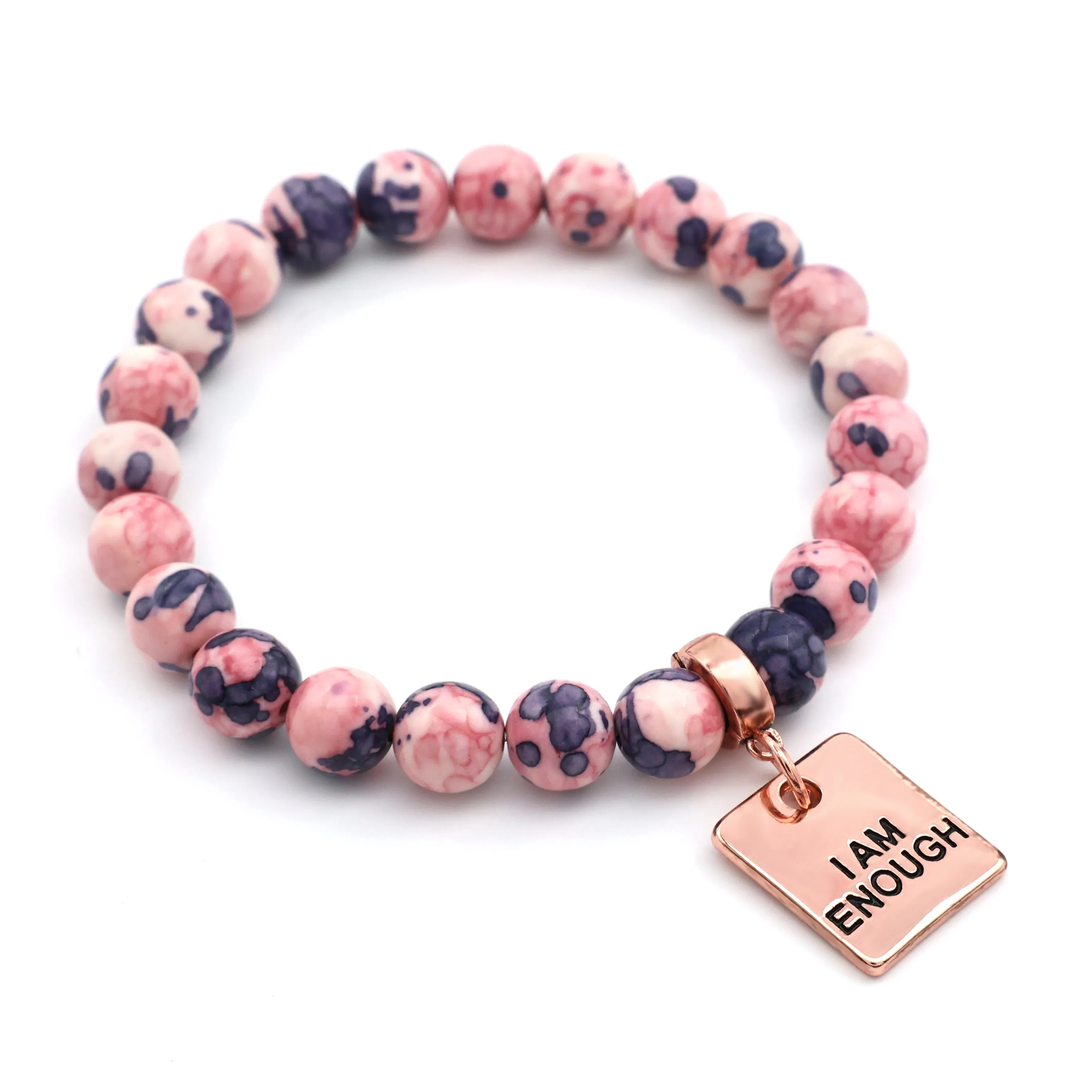 Stone Bracelet - Raspberry & Navy Patch Agate Stone 8mm Beads - with Rose Gold Word Charms