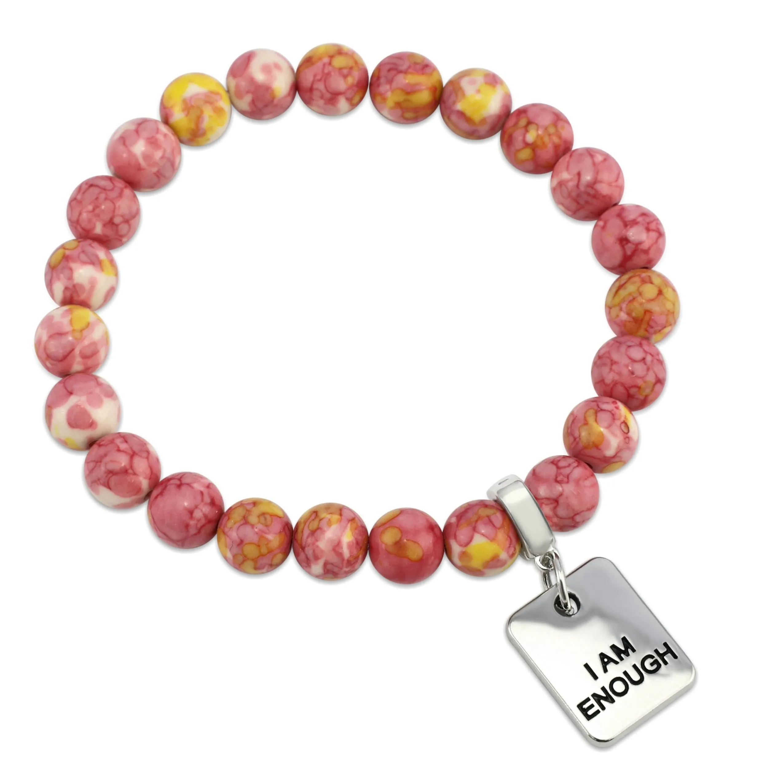 Stone Bracelet - Raspberry Sunshine Patch Agate 8mm Beads - with Silver Word Charm