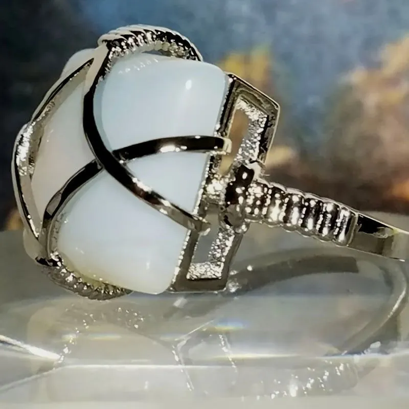 Stunning Large Square White Moonstone Silver Plated Ring