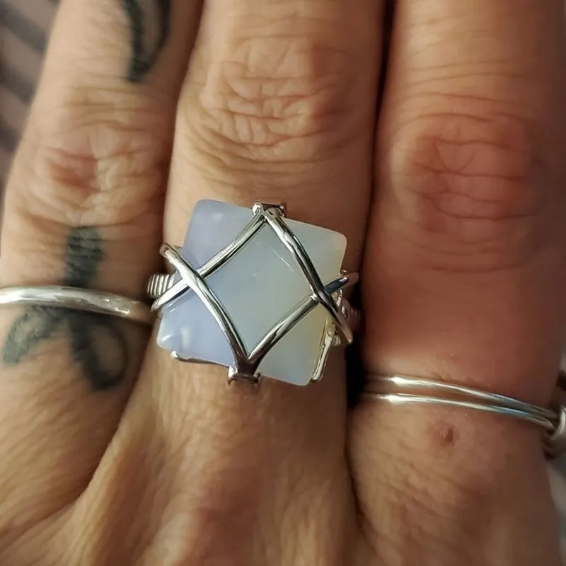Stunning Large Square White Moonstone Silver Plated Ring