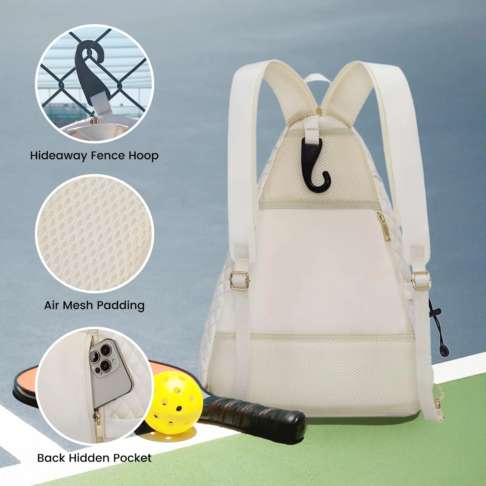 Sucipi Pickleball Bag for Women, Pickleball Backpack with Fence Hook Reversible Quilted Crossbody Sling Bag Tennis Bag Backpack Pickle Ball Paddle Bag-Holds Paddles, Pickleballs Accessories