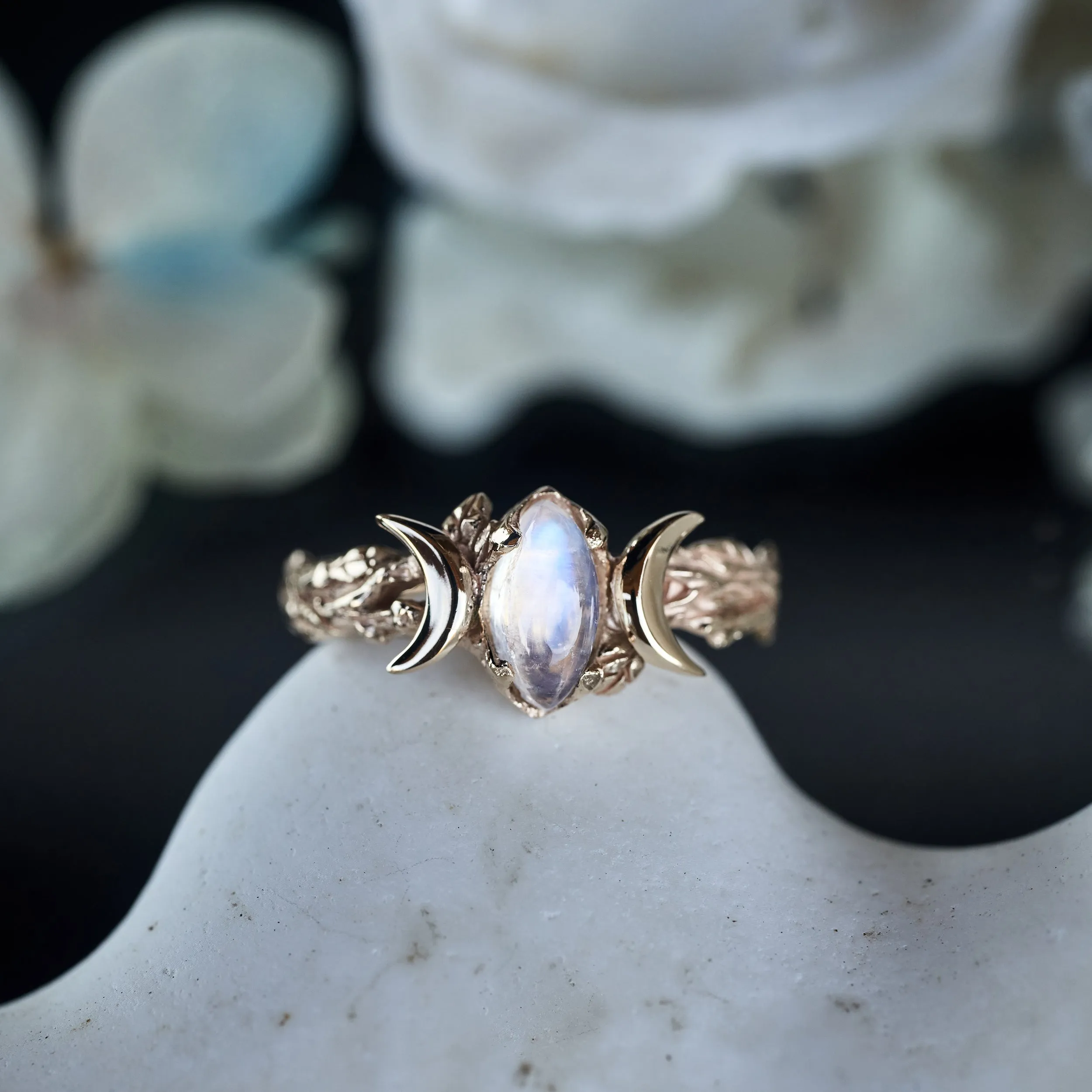 Triple Moon Yellow Gold Moonstone Ring "Soma"