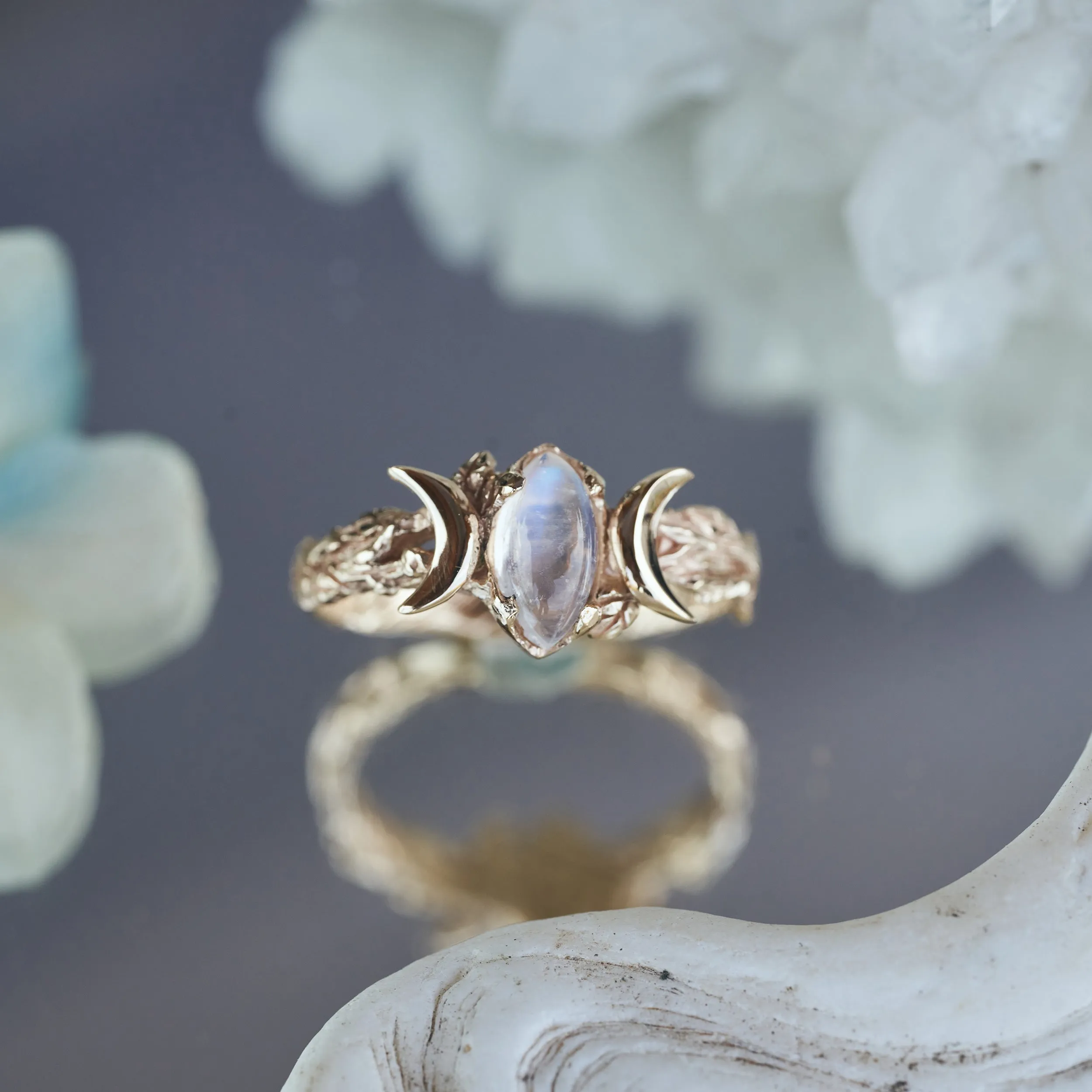 Triple Moon Yellow Gold Moonstone Ring "Soma"