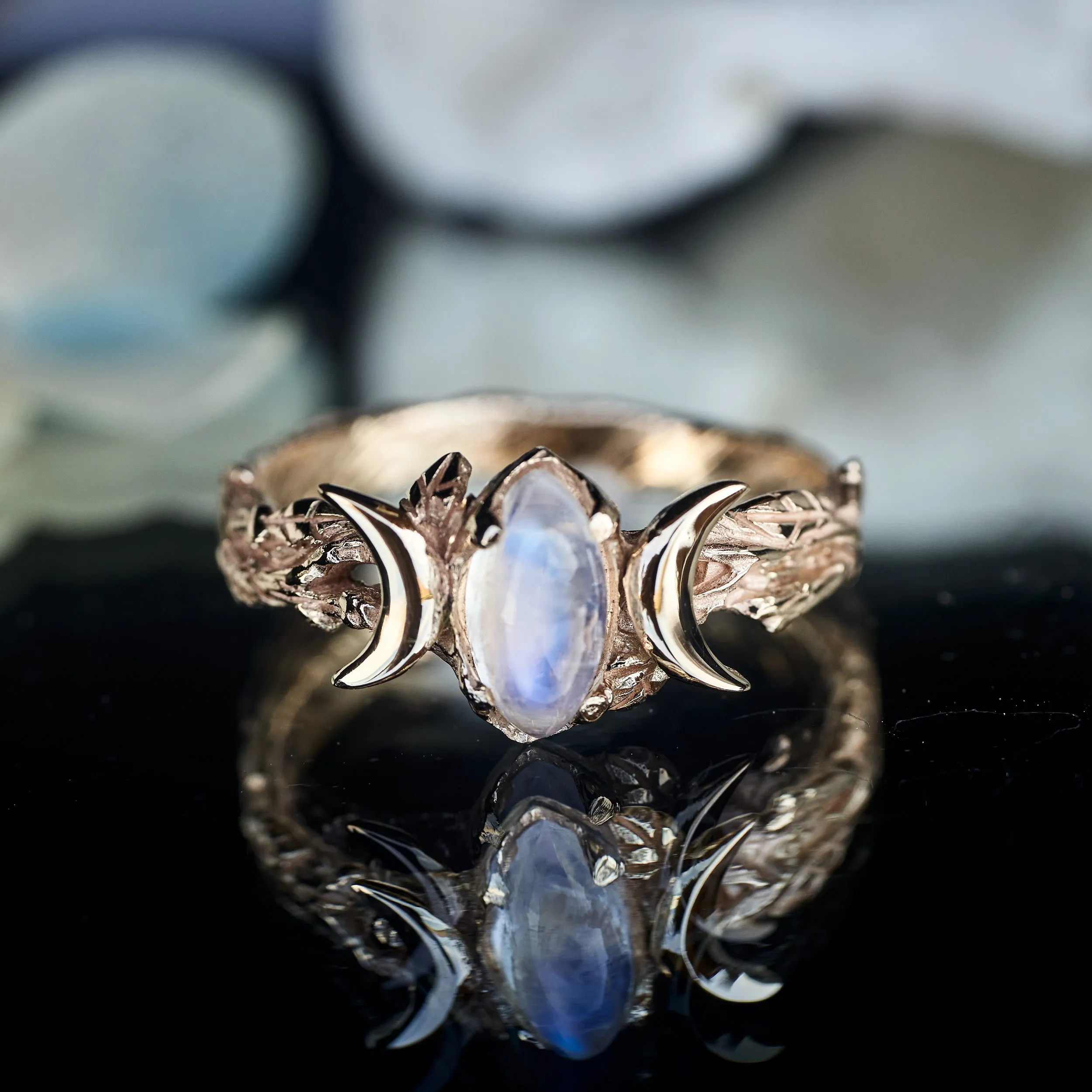 Triple Moon Yellow Gold Moonstone Ring "Soma"