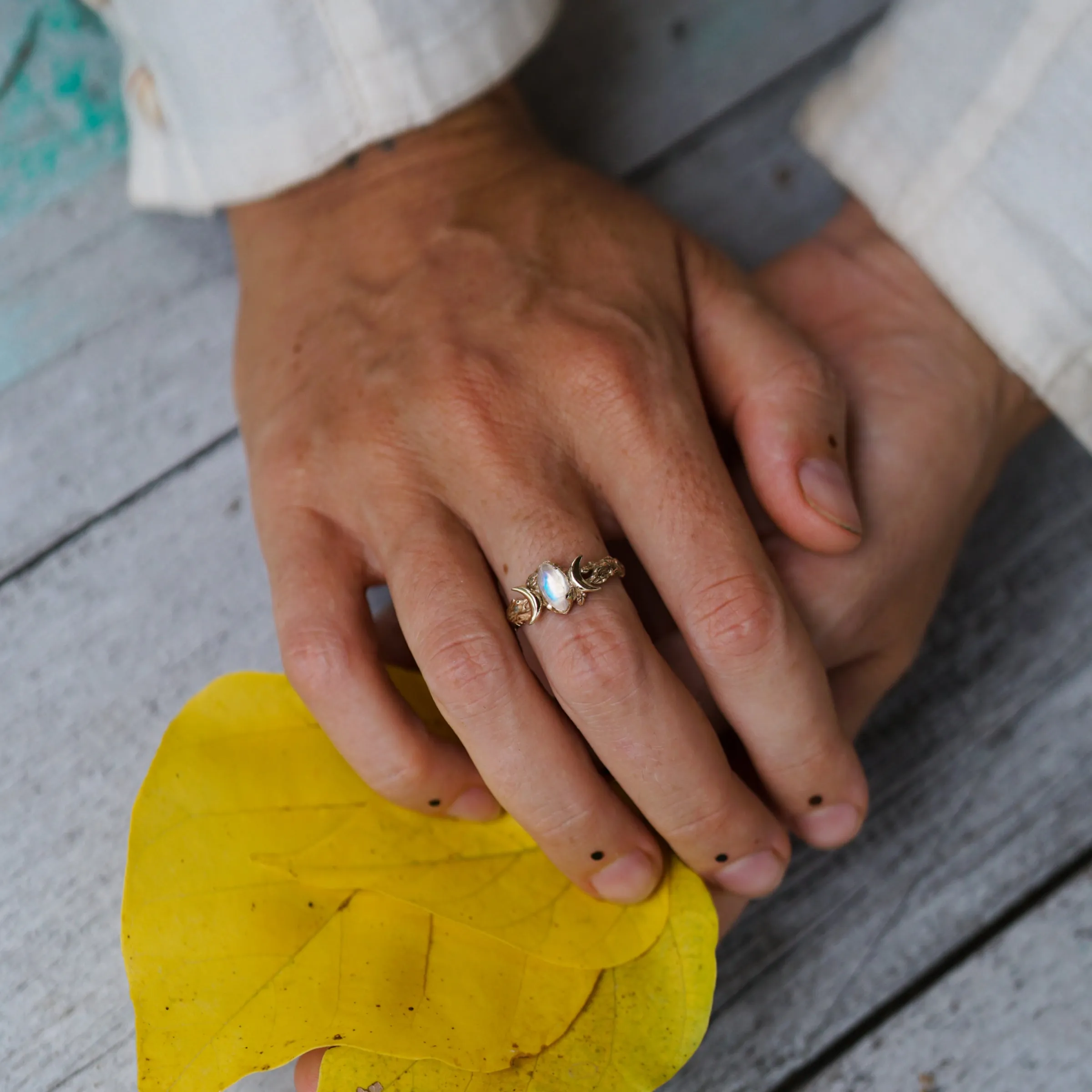 Triple Moon Yellow Gold Moonstone Ring "Soma"