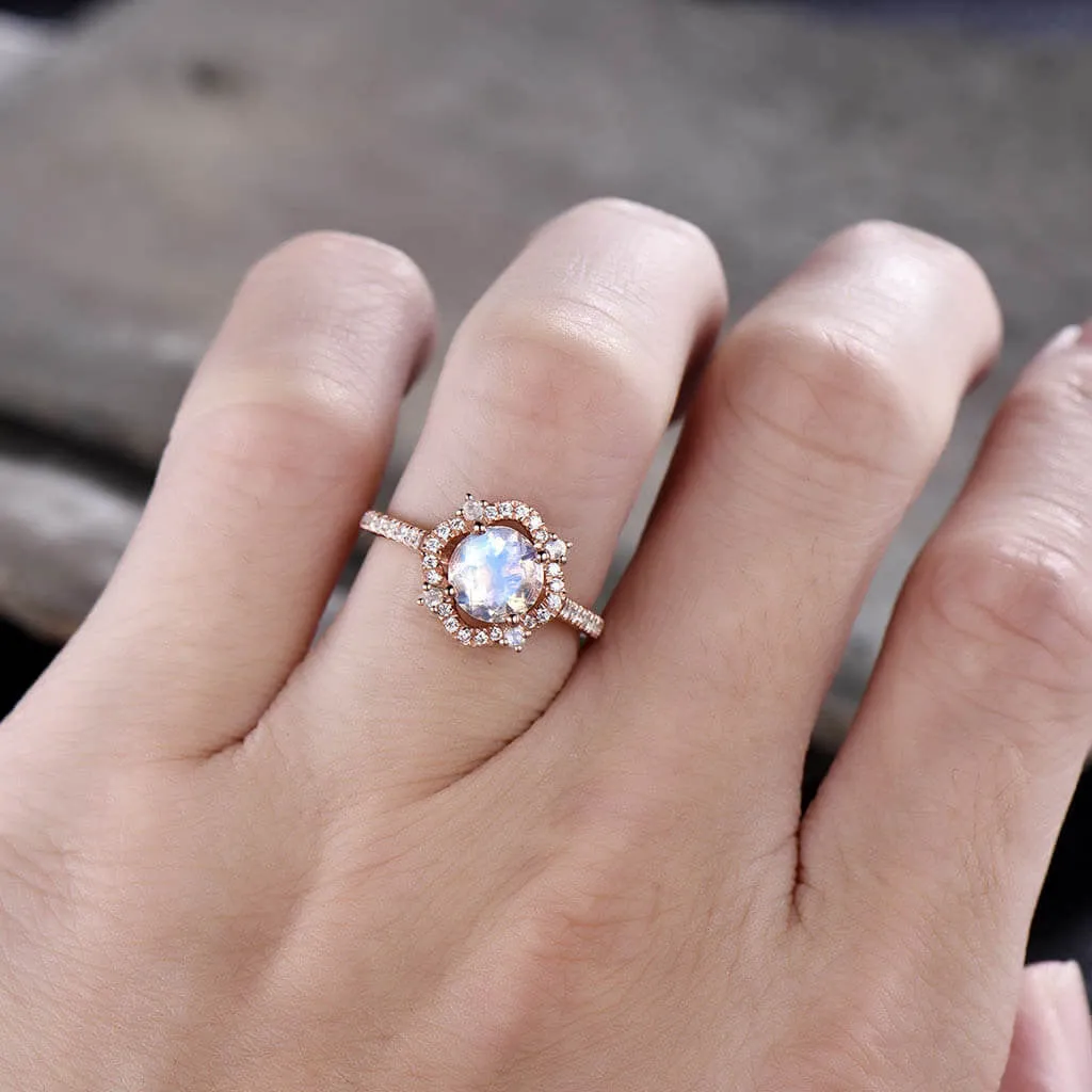 Unique Cordelia Moonstone And Diamond Engagement Ring Milgrain ring
