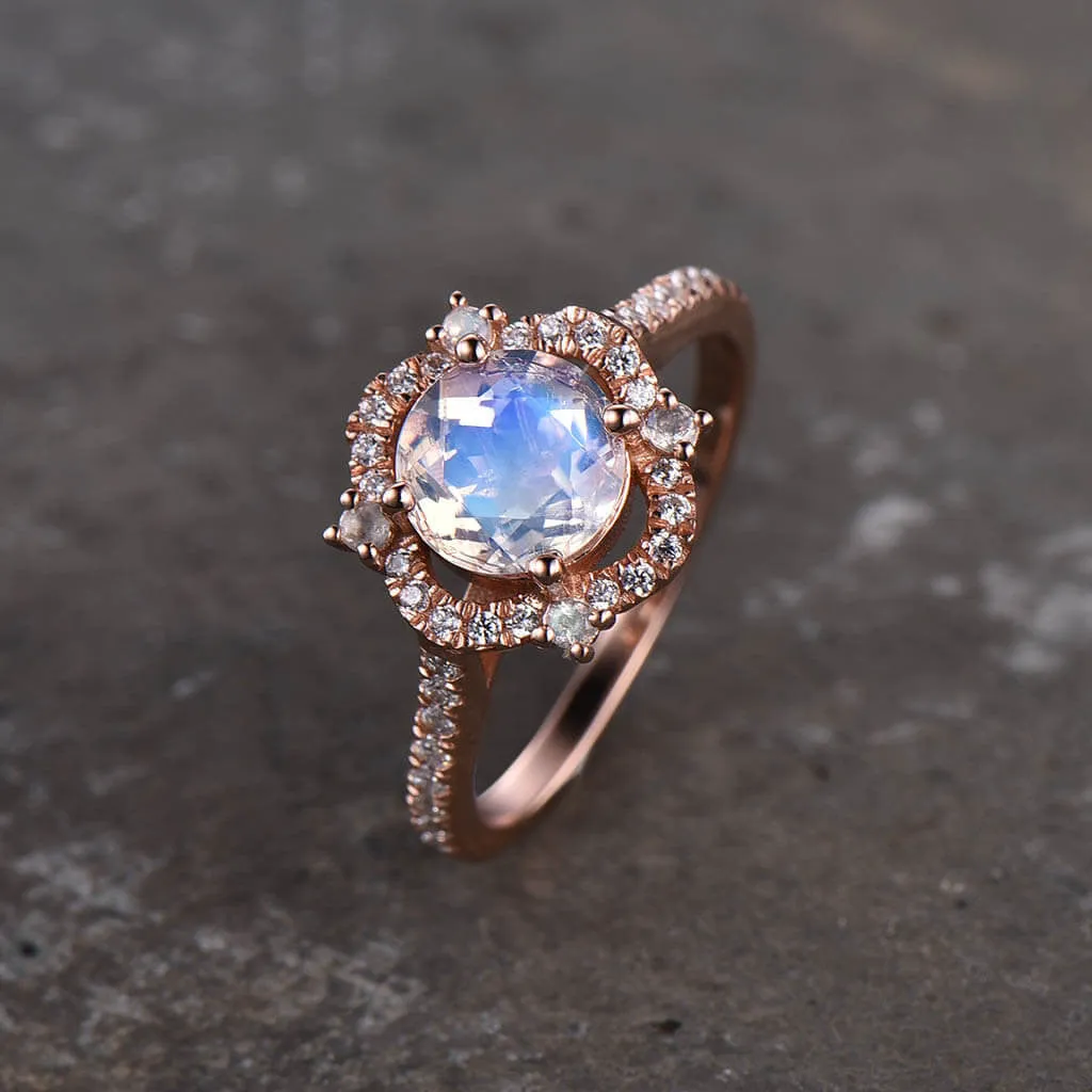 Unique Cordelia Moonstone And Diamond Engagement Ring Milgrain ring
