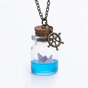 Unisex Sea Water Paper Boat Drifting Glass Wish Bottle Pendant & Anchor Necklace