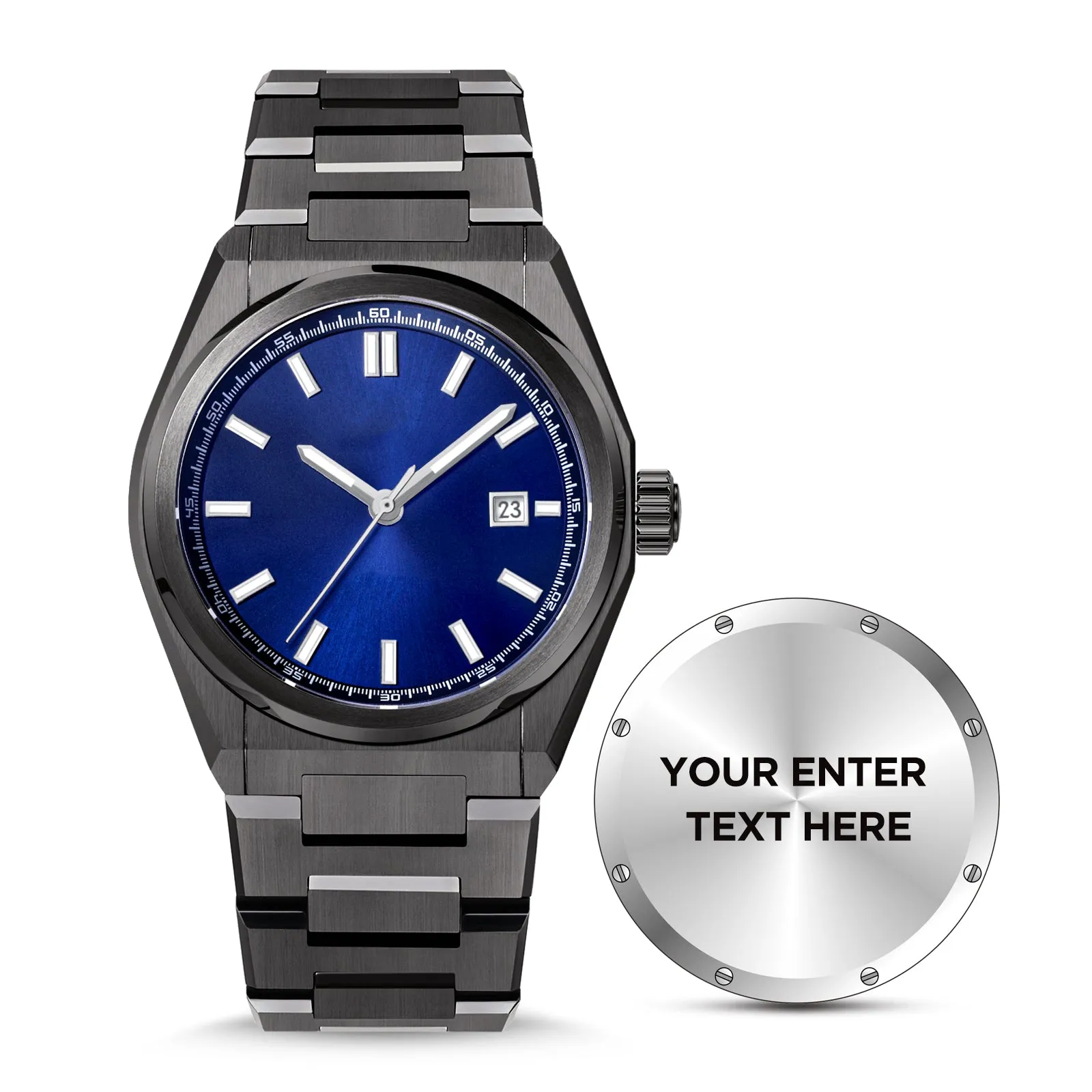 USWEL Custom Own Watch, Original Design to Put Personal Texts on Back , Custom Special Gift for Important Person - 42MM - Model CU007 -Black