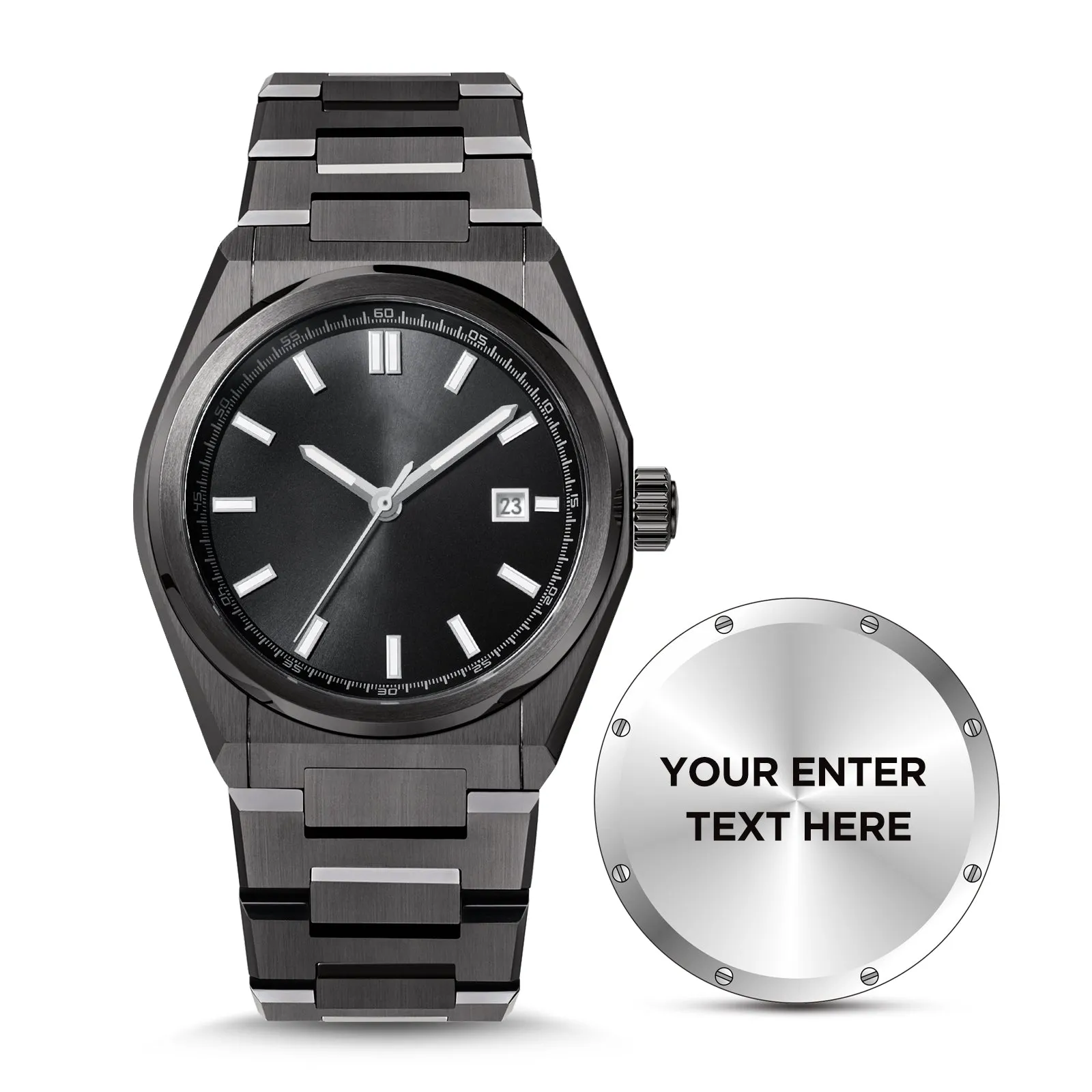 USWEL Custom Own Watch, Original Design to Put Personal Texts on Back , Custom Special Gift for Important Person - 42MM - Model CU007 -Black