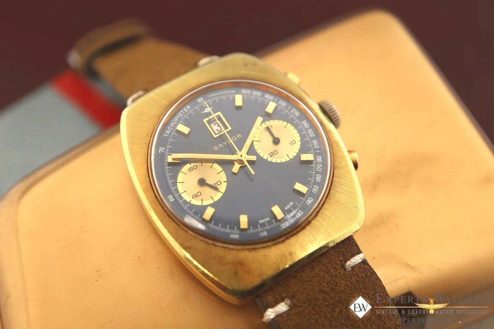 Vintage BAYLOR Chronograph Beautiful Blue Dial Matt Gold Fill Date at 12 W/ Box