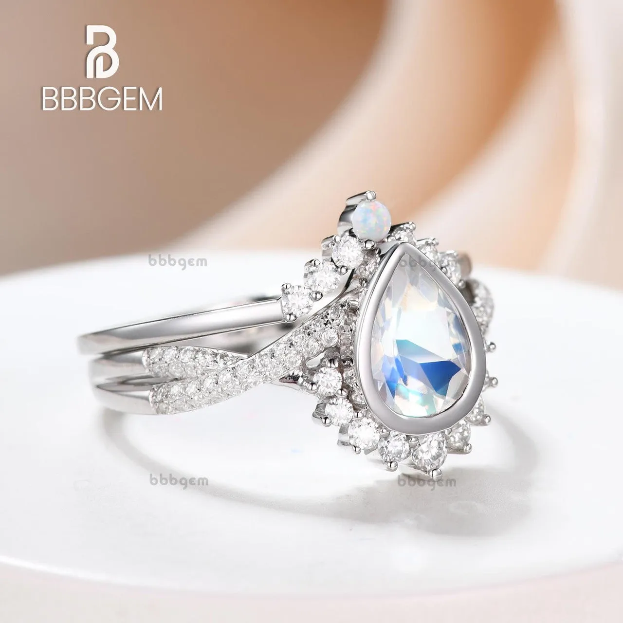 Vintage Moonstone Engagement Ring Set,Pear Shaped  With Twisted Band