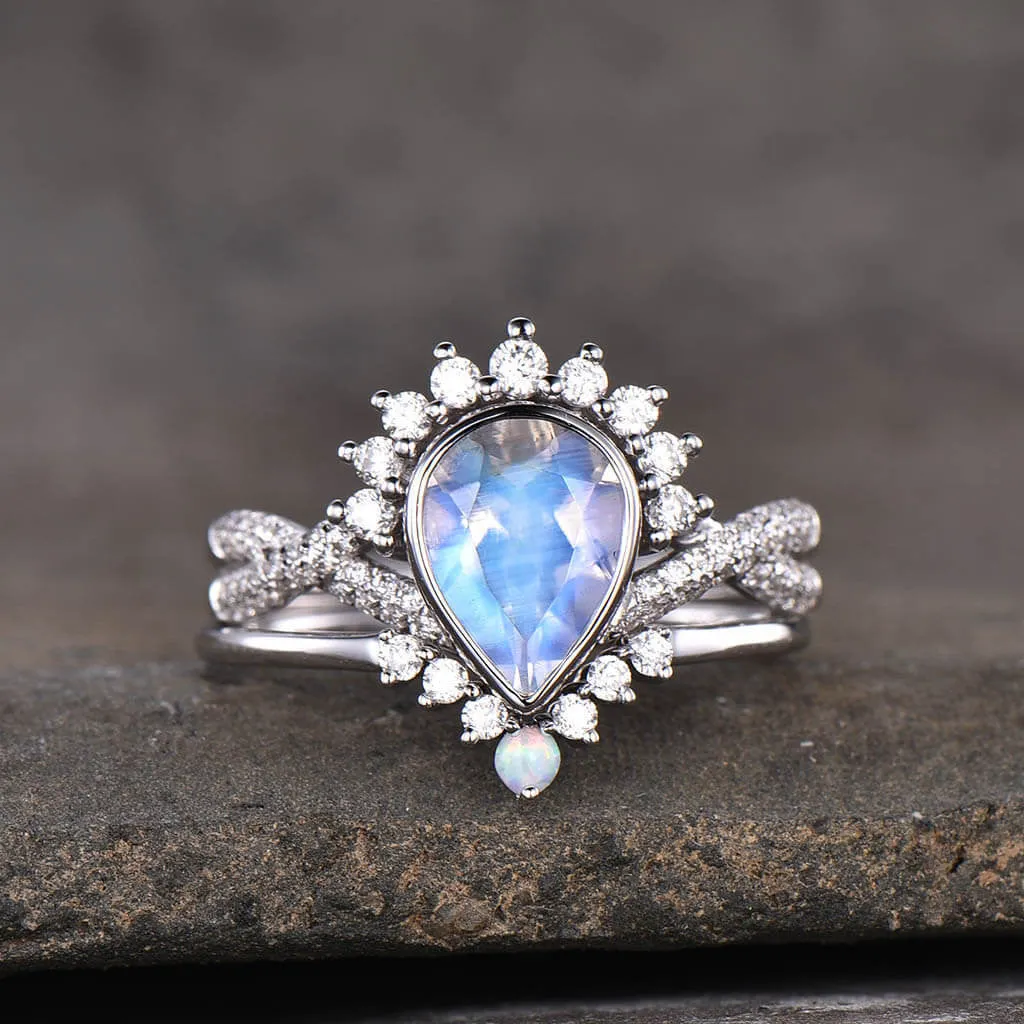 Vintage Moonstone Engagement Ring Set,Pear Shaped  With Twisted Band