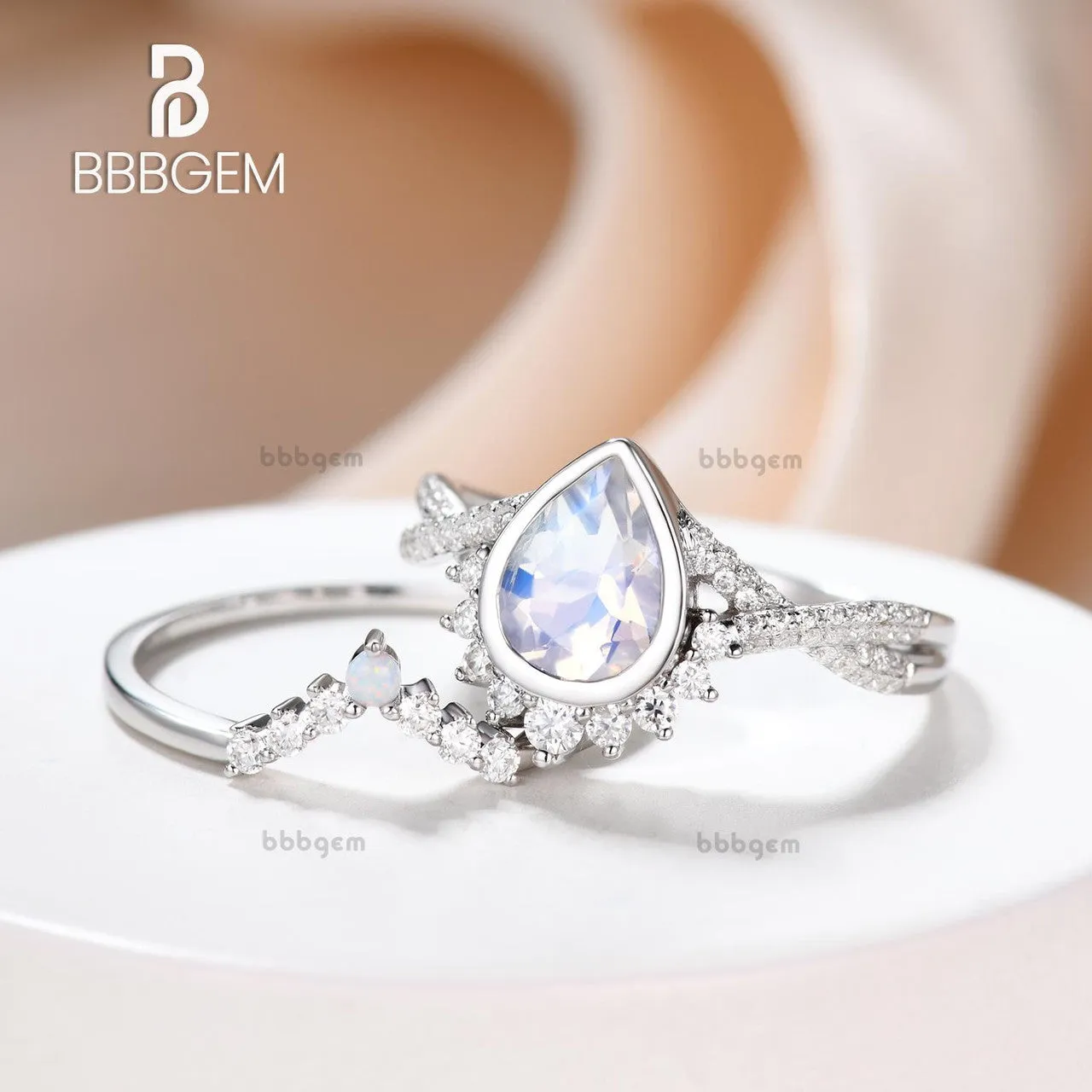 Vintage Moonstone Engagement Ring Set,Pear Shaped  With Twisted Band