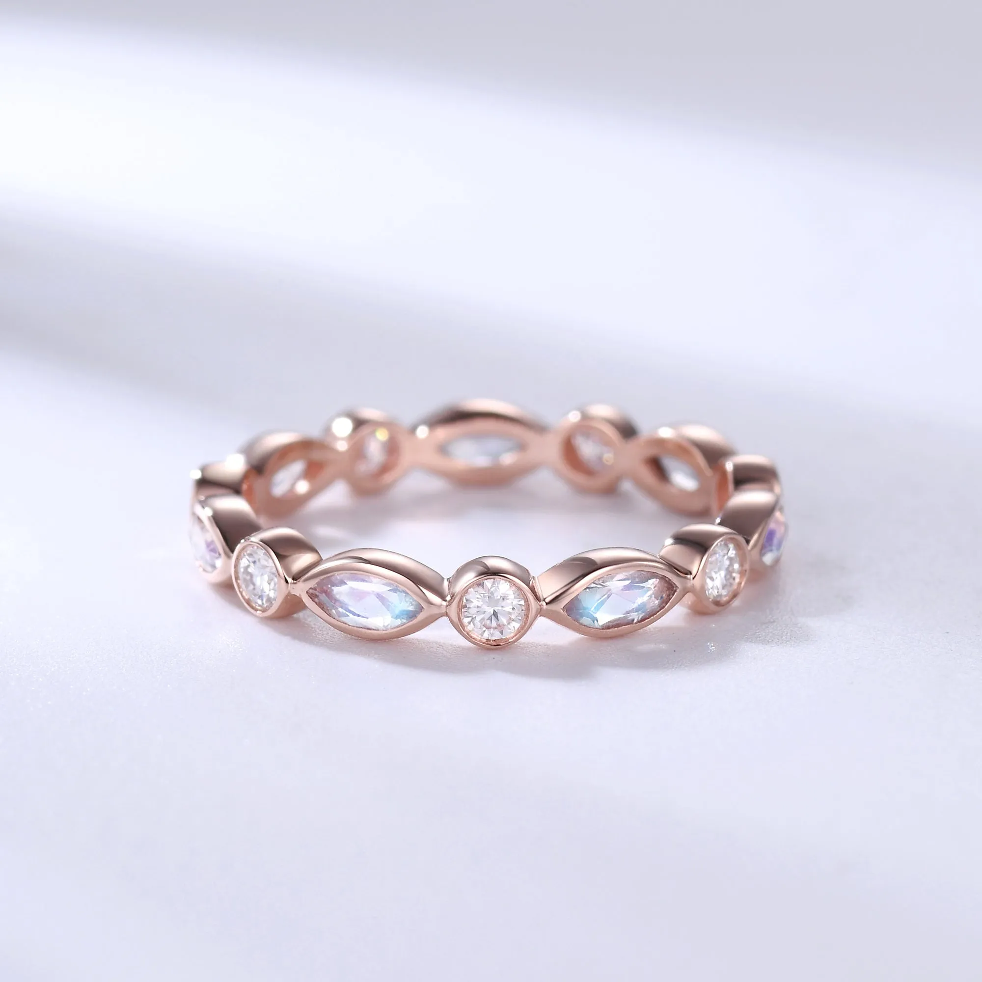 Vintage Moonstone Wedding Band Moissanite Rose Gold Marquise Matching Ring